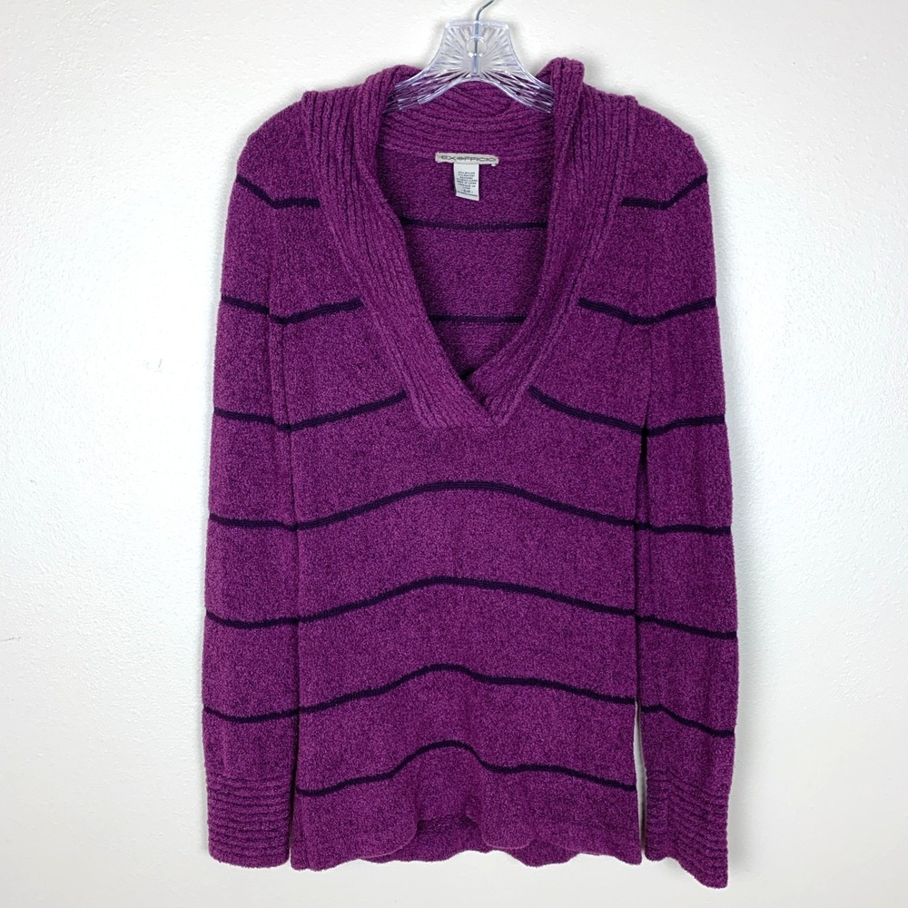 ExOfficio Pullover Sweater Size S Purple Black Stripe Soft Cozy Warm Boucle Wool
